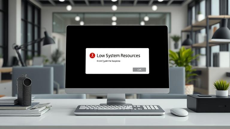 alt_text: Realistic workspace with a screen showing "Low System Resources" error, hints of system limits.