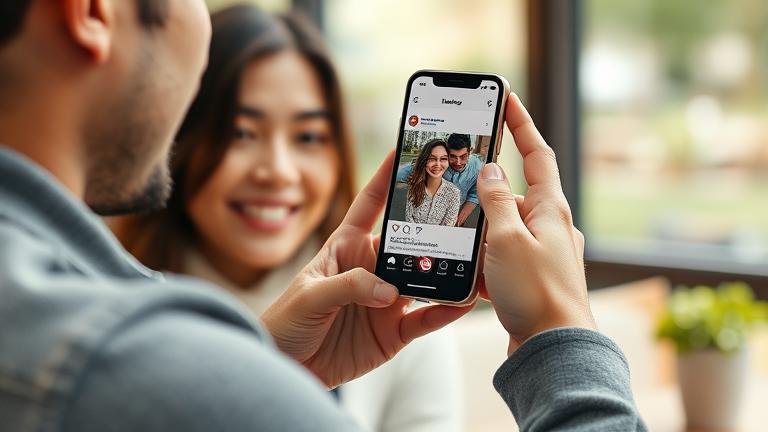 alt_text: Person smiling, sharing a photo on Instagram in a cozy setting, capturing a happy moment.