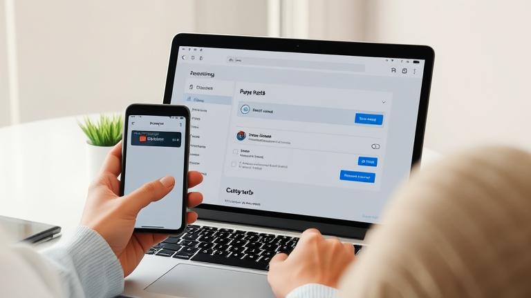 alt_text: Person removes payment card on Vudu app via laptop in a modern workspace.