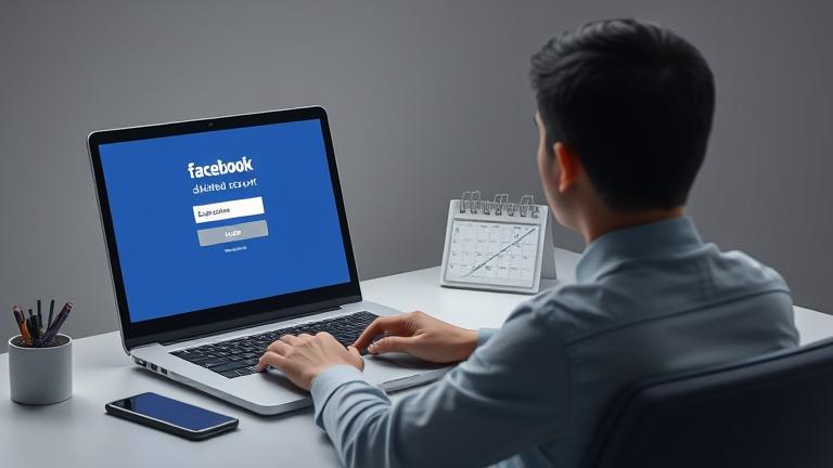 alt_text: Person at desk viewing Facebook delete message, with fading logo and crossed-out dates.