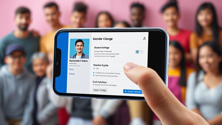 alt_text: Person adjusting Facebook gender options on a smartphone with inclusive, vibrant background.