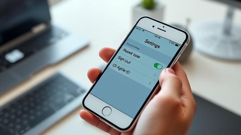 alt_text: Person holds iPhone 6 showing Apple ID settings in a modern workspace.