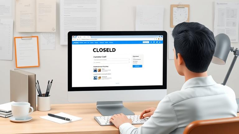 alt_text: Person at desk viewing canceled conference call account on screen, with office items around.