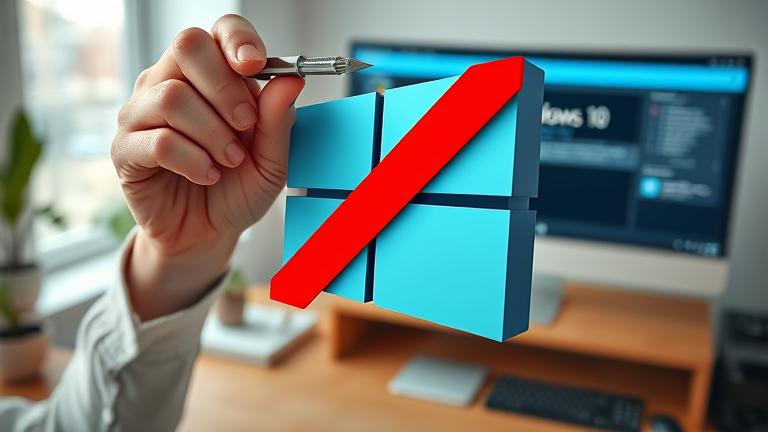 alt_text: Person in a home office removing Windows 10, holding a screwdriver, with a red X over the logo.