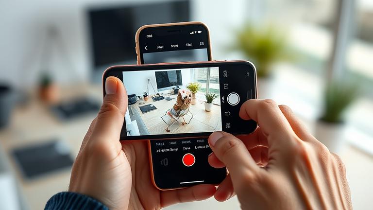 alt_text: Person using iPhone to apply distortion effects in a photo editing app outdoors or in a modern workspace.
