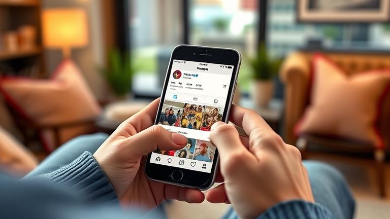 alt_text: Person scrolling liked videos on Instagram in a cozy setting with vibrant colors.