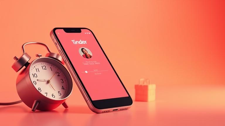 alt_text: Tinder app on a phone with activity timeline, clock, and calendar, symbolizing dating duration.
