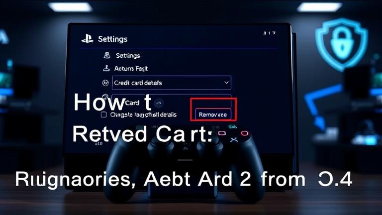 alt_text: PS4 settings menu on screen, controller close-up, highlighting credit card removal.