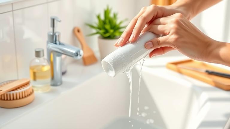 alt_text: Person cleaning a silicone pipe in a bright workspace with brushes and cleaning solution.