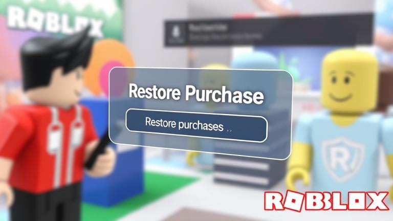 alt_text: Roblox game scene with "Restore Purchases" button highlighted, vibrant avatars and environment.