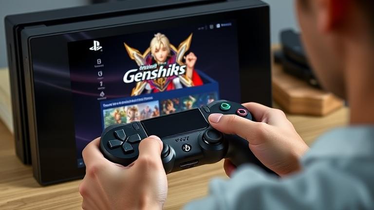 alt_text: PS4 with Genshin Impact on screen, person holding controller, ready to restart game.