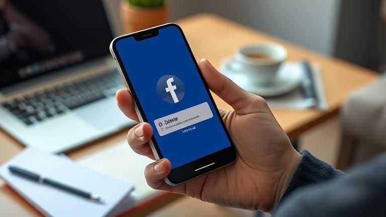 alt_text: Person holding Android phone with Facebook uninstall prompt in a cozy modern setting.