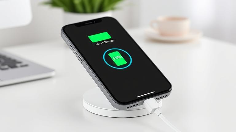 alt_text: iPhone XR charging with visible battery icon, in a sleek, modern setting with a clock.