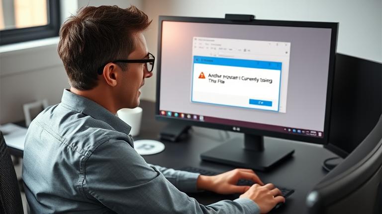 alt_text: Frustrated user at desk facing Windows 10 error: "Another Program Is Currently Using This File."