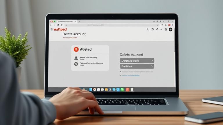 alt_text: Person confidently deletes their Wattpad account on a sleek laptop screen.