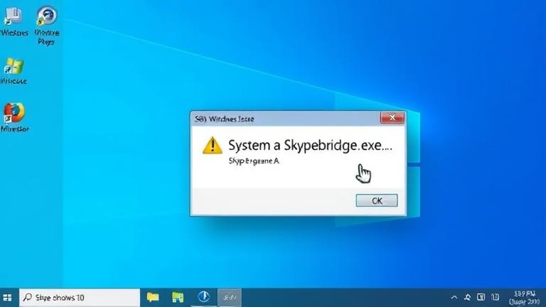 alt_text: Windows 10 desktop with Skypebridge.exe error, warning icon, user interacting with the prompt.