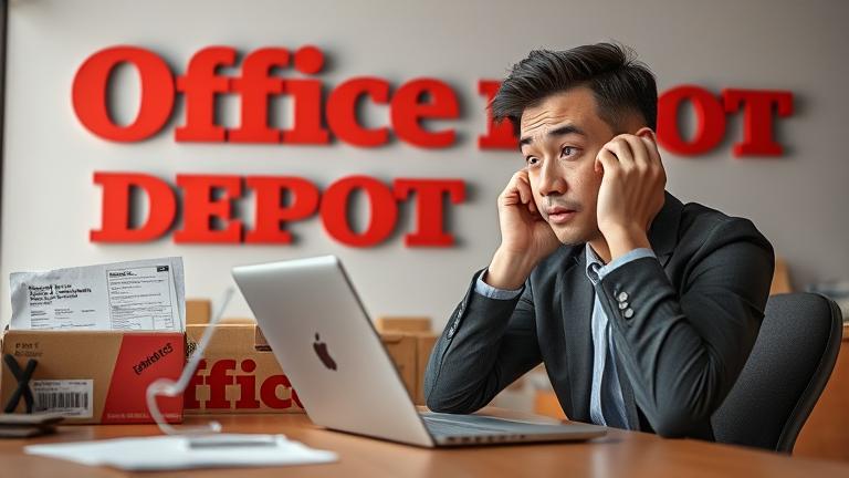 alt_text: Person frustrated at desk with Office Depot packaging, canceling an order online.