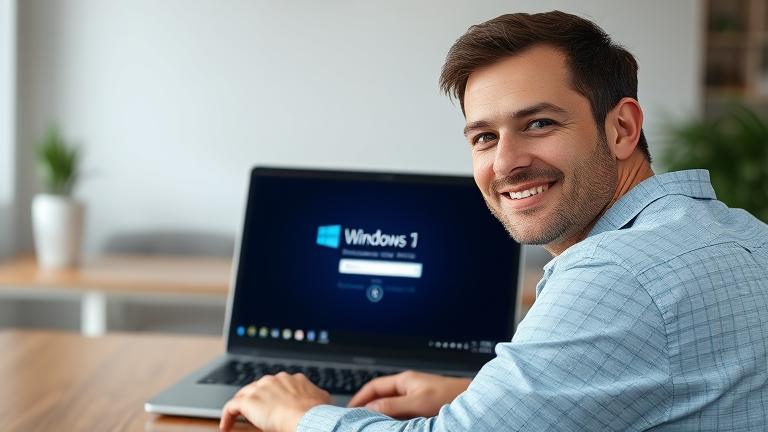 alt_text: Person uses face recognition to log into Windows laptop in a modern, sleek workspace.