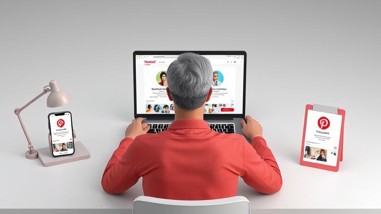 alt_text: Person manages multiple Pinterest accounts on laptop, phone, and tablet in a modern setting.