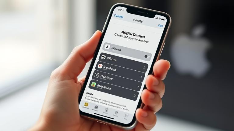 alt_text: User holding iPhone showing Apple ID devices, with blurred background and Apple branding.