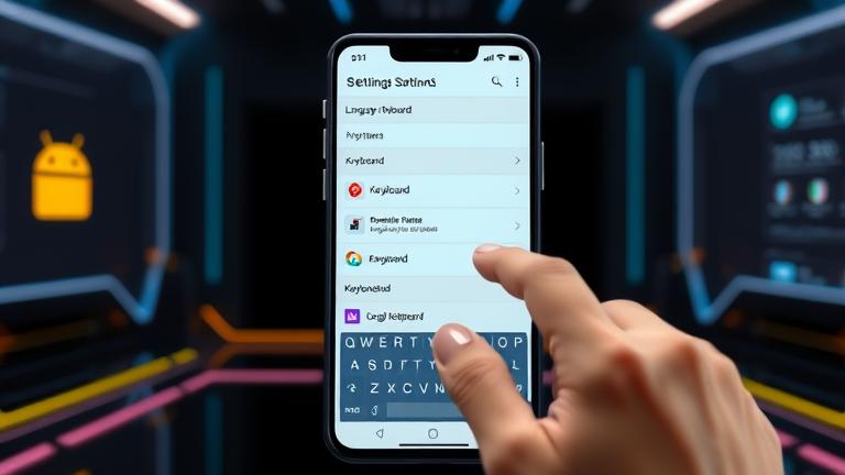 alt_text: Android Settings app open, showing keyboard options and "Add Keyboard," in a sleek tech scene.