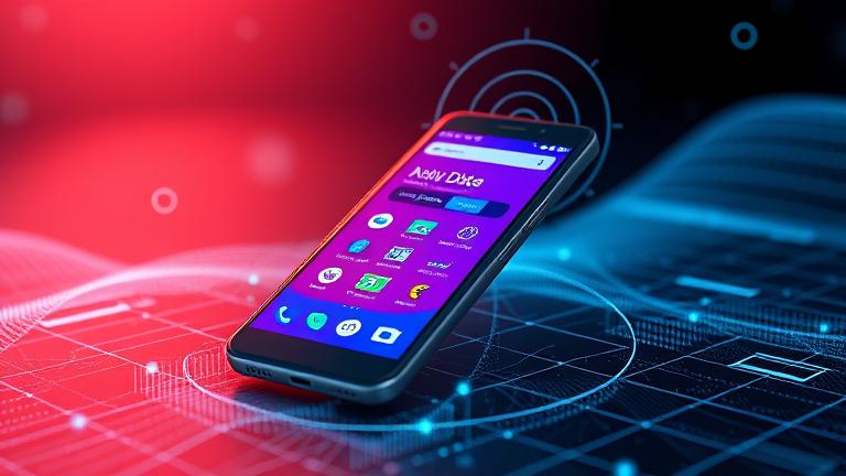 alt_text: Android phone displaying unlimited data icons amid signals and data streams, symbolizing connectivity.