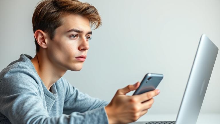 alt_text: Young adult looks thoughtful at phone with "recover account" symbol, emphasizing digital recovery.