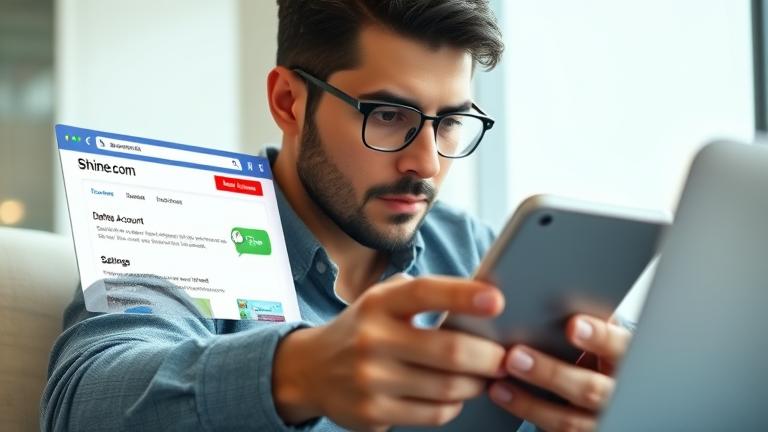 alt_text: Person using laptop with Shine.com on screen, clicking "Delete Account" in clean background.