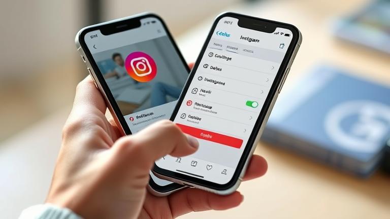 alt_text: Person holding a phone with Instagram settings open, highlighting account delete options.
