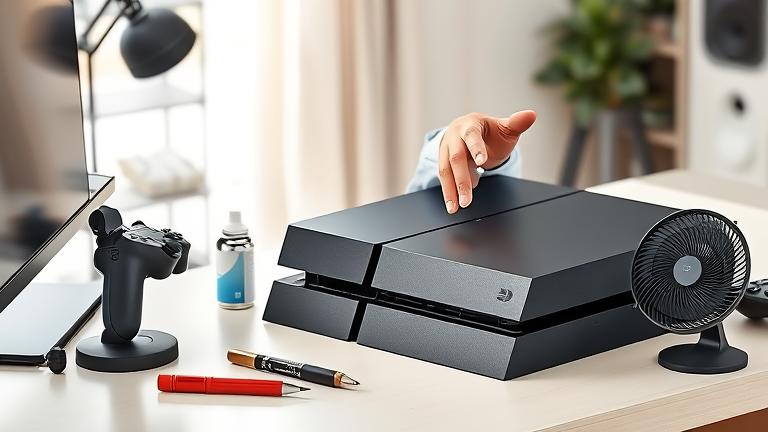 alt_text: Person fixing overheating PS4 on desk with tools, highlighting ventilation and airflow.