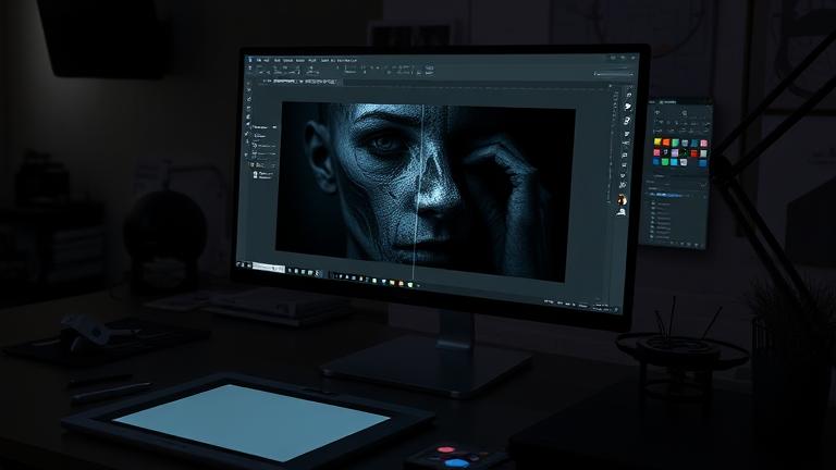 alt_text: Close-up of a designer's dark-themed workspace with Photoshop editing shadows and tools.