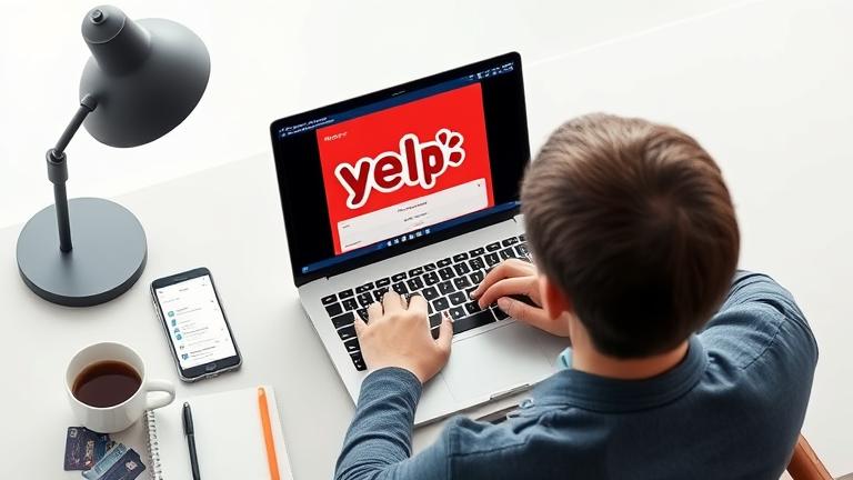 alt_text: Person at desk using Yelp app on laptop, with phone, credit cards, notepad, and coffee nearby.