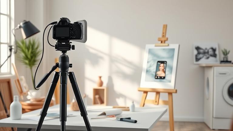 alt_text: Artist's workspace with camera capturing artwork for Instagram, bright, organized, creative.