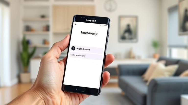 alt_text: Person on Samsung device managing or deleting their Houseparty account in a modern home.