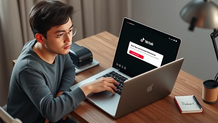 alt_text: Person at desk, looking worried at TikTok account deletion on laptop, with phone and notes around.