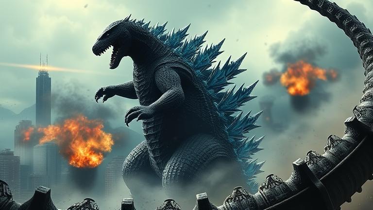 alt_text: Epic Godzilla battle scene with hints of Kiryu unlock in intense, dramatic style.