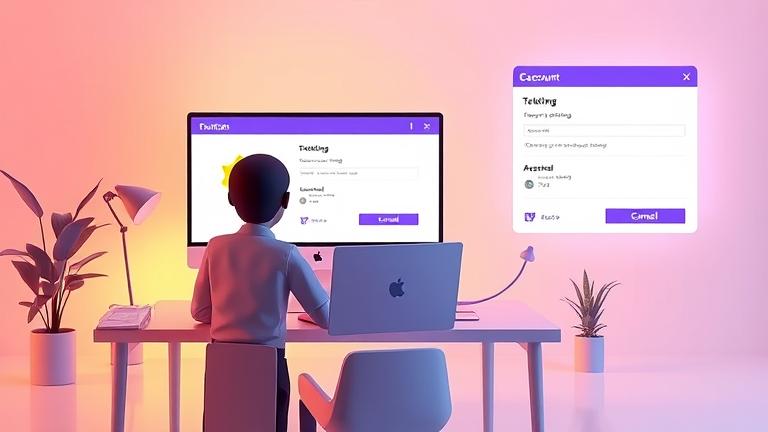 alt_text: Person at desk viewing Twitch settings to cancel Prime, with logo and "Cancel Prime" button.