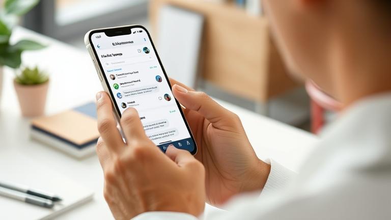 alt_text: Person uses Clubhouse app on phone, managing messages in a clean workspace setting.