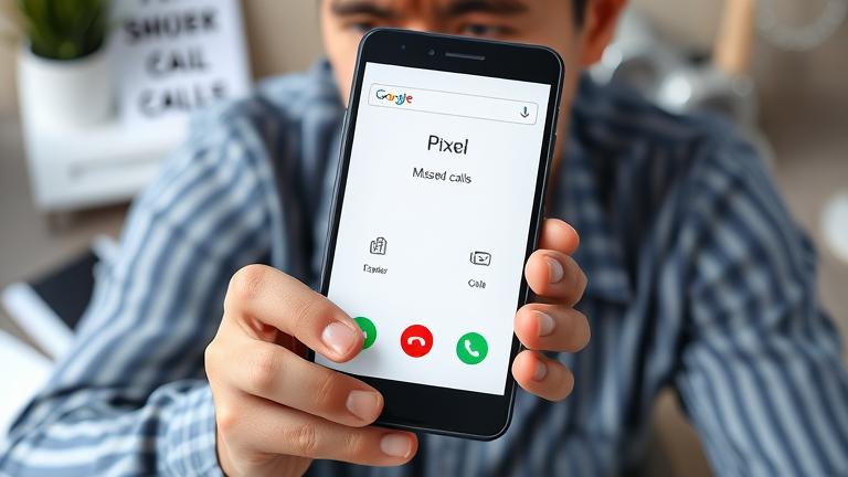 alt_text: Frustrated user with Pixel phone showing missed calls, modern setup hints at troubleshooting.
