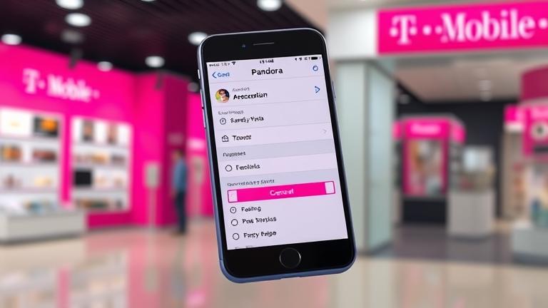 alt_text: Pandora app on phone with "Cancel Subscription" visible, T-Mobile store in background.