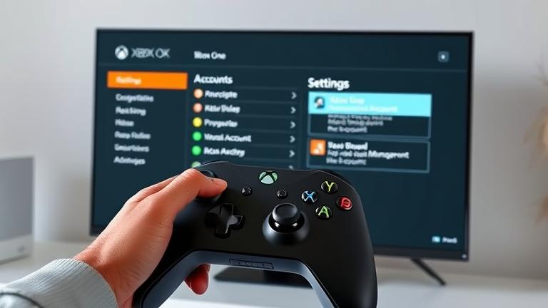 alt_text: Person managing Xbox One account menu with controller, settings, and console in background.