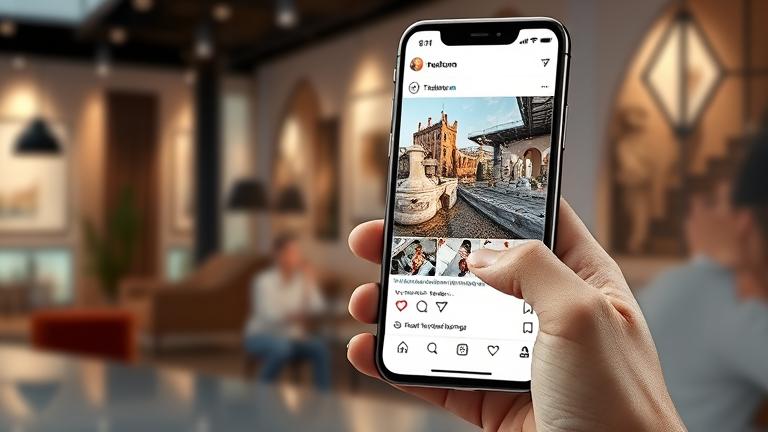 alt_text: Smartphone with Instagram post showing caption translation options and user tapping to translate.