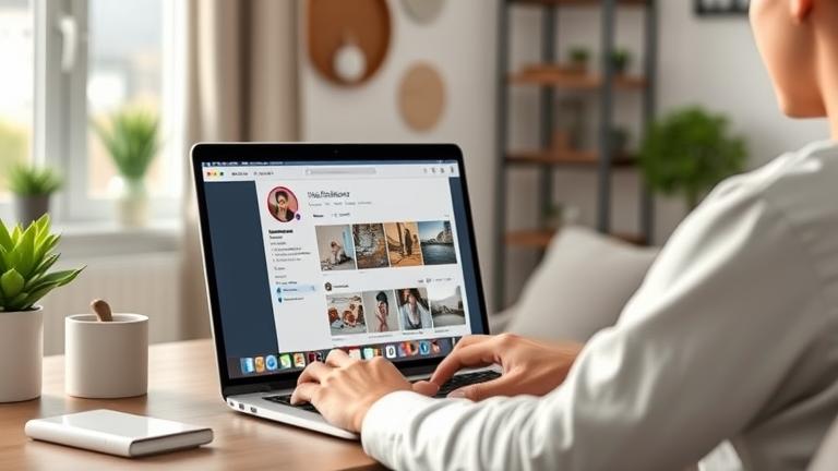 alt_text: Person viewing liked Instagram posts on laptop in a cozy, well-lit workspace.
