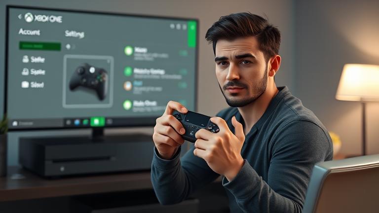 alt_text: Person at gaming setup deletes Xbox One account, with console, screen, and trash icon.