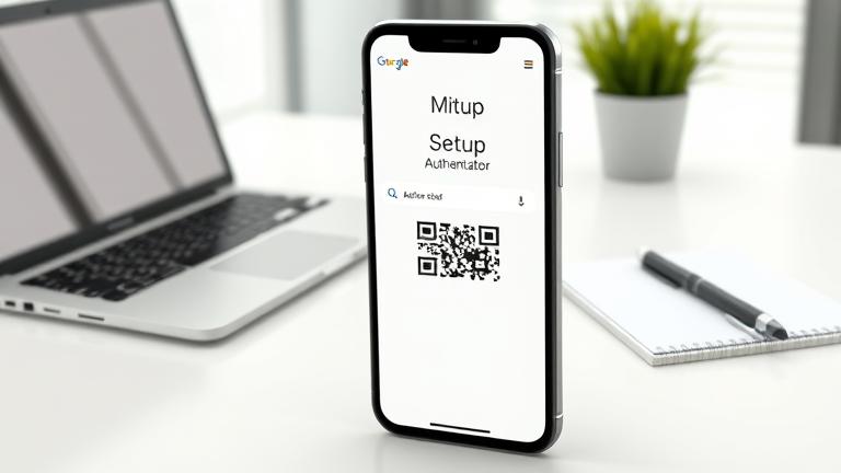 alt_text: iPhone showing Google Authenticator setup on a desk with laptop, notepad, and pen.
