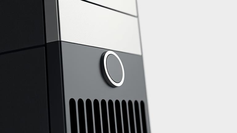 alt_text: Close-up of HP Pavilion desktop, showing the front power button on a neutral background.