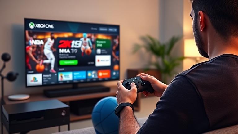 alt_text: Person buying NBA 2K19 VC on Xbox One in a vibrant, realistic gaming setup.