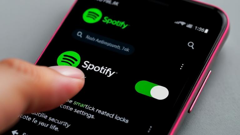 alt_text: Smartphone screen showing Spotify app with security settings and a finger toggling a switch.