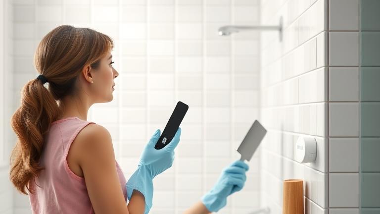 alt_text: Person in bright, modern space with gloves, holding cleaning tools, waiting to clean freshly grouted tiles.