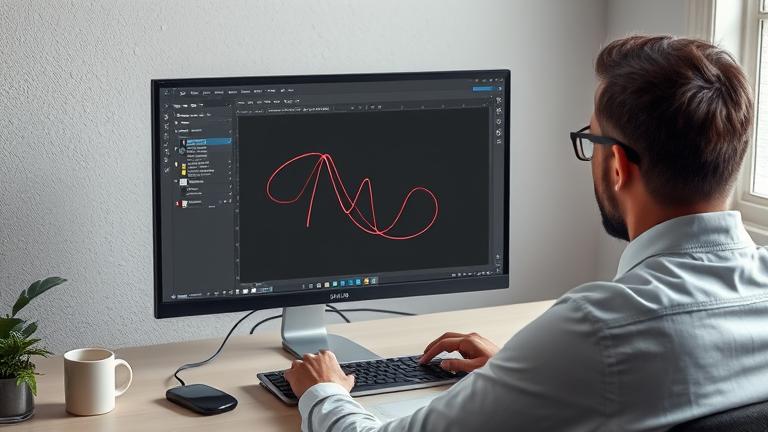 Digital artist strokes a path in Photoshop, showcasing advanced illustration techniques.